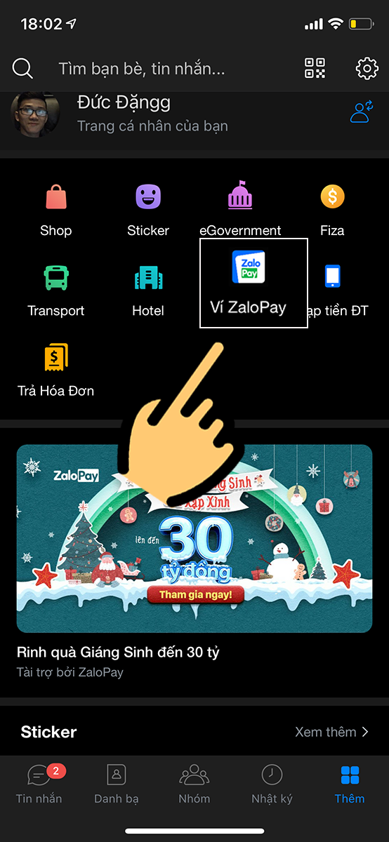 Chọn mục Ví ZaloPay Chọn mục Ví ZaloPay
