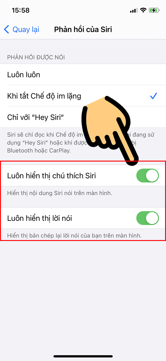 gạt mở Lu&ocirc;n hiển thị ch&uacute; th&iacute;ch Siri