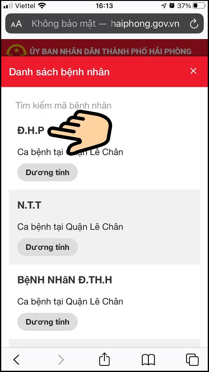 Bấm v&agrave;o t&ecirc;n bệnh nh&acirc;n để xem chi tiết về bệnh nh&acirc;n nhiễm Covid-19