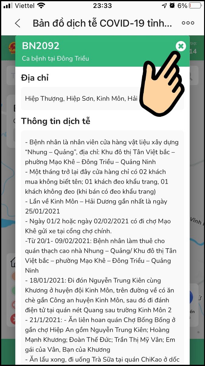Bạn sẽ xem được th&ocirc;ng tin chi tiết của bệnh nh&acirc;n nhiễm Covid-19, bấm x để tắt