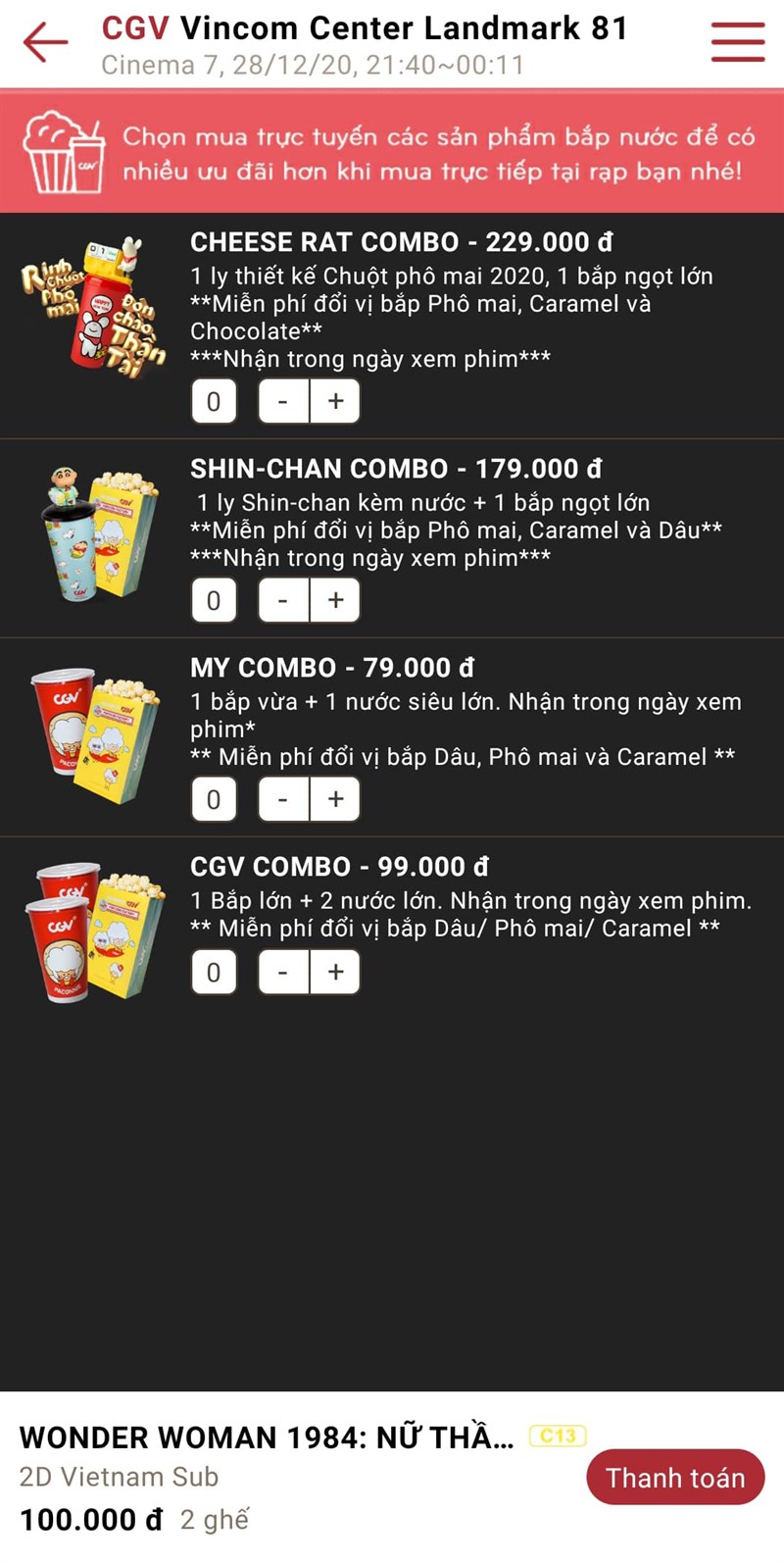 Lựa chọn thức ăn trong rạp (nếu muốn) v&agrave; nhấn thanh to&aacute;n