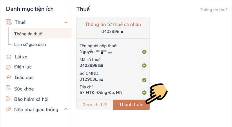  nhập m&atilde; số thuế, thanh to&aacute;n thuế