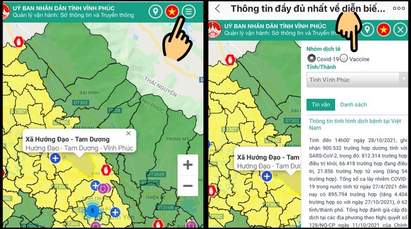 Nhấn vào biểu tượng 3 dấu gạch ngang, xem thông tin liên quan đến dịch Covid-19 Nhấn vào biểu tượng 3 dấu gạch ngang, xem thông tin liên quan đến dịch Covid-19