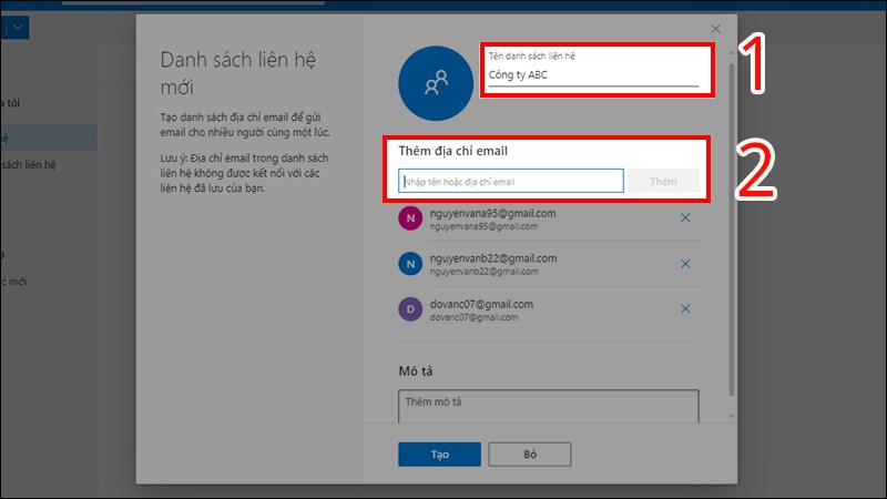Nhập t&ecirc;n danh s&aacute;ch v&agrave; email li&ecirc;n hệ