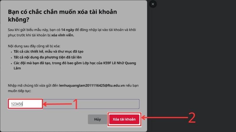 Nhập m&atilde; x&aacute;c nhận, sau đ&oacute; chọn&nbsp;X&oacute;a t&agrave;i khoản