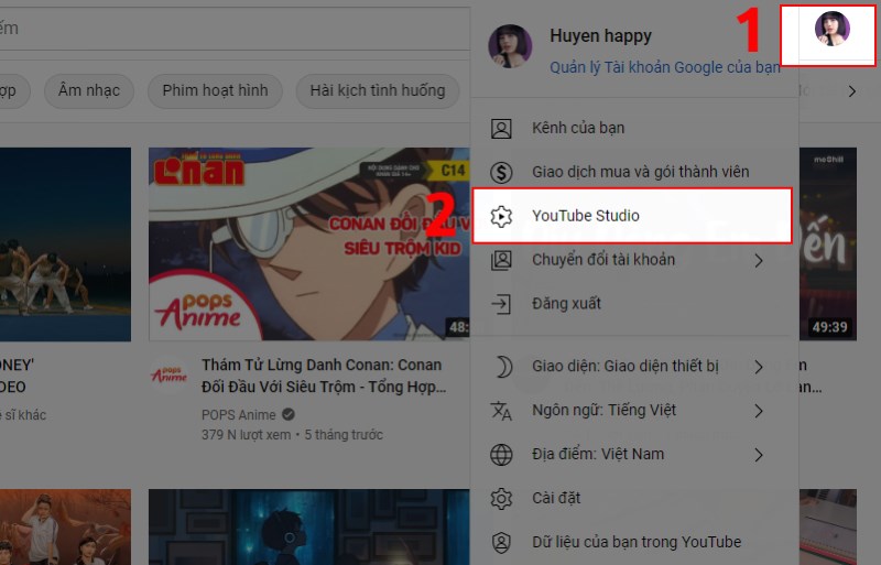 Nhấn v&agrave;o biểu tượng t&agrave;i khoản v&agrave; chọn mục YouTube Studio