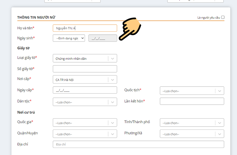 Điền đầy đủ th&ocirc;ng tin của cả người nam v&agrave; người nữ