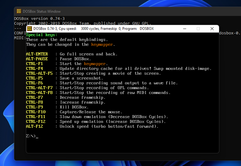 Phím tắt của DOSBox xuất hiện