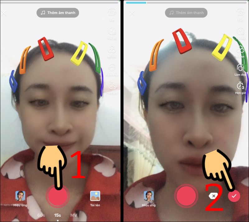 Nhấn giữ n&uacute;t quay phim m&agrave;u đỏ v&agrave; nhấn dấu v