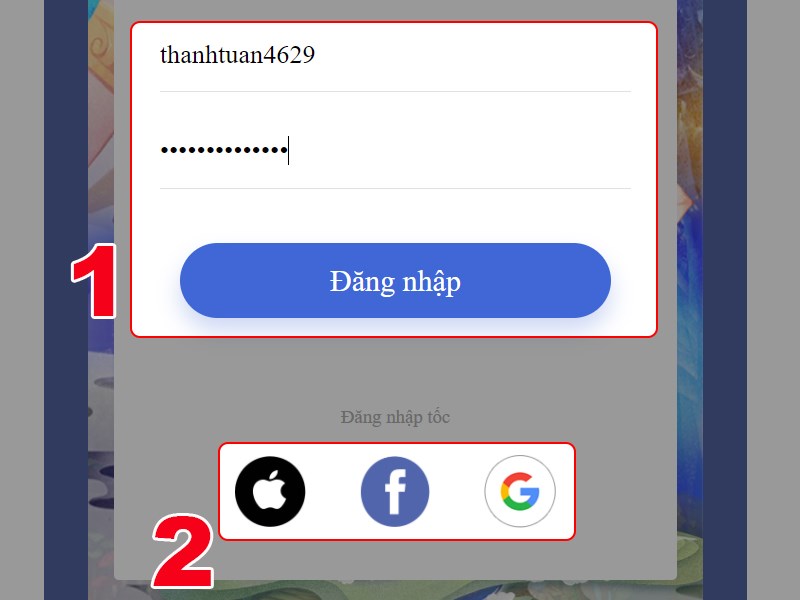 Đăng nhập t&agrave;i khoản game