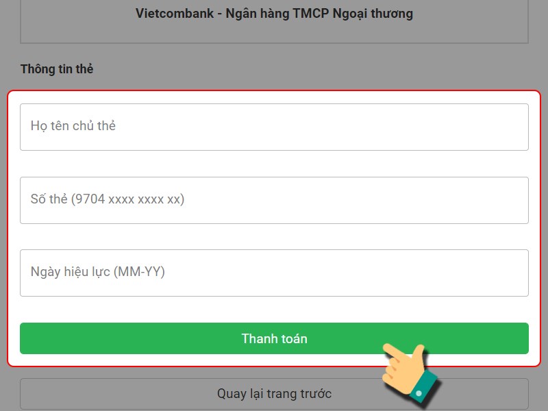Điền th&ocirc;ng tin thẻ thanh to&aacute;n