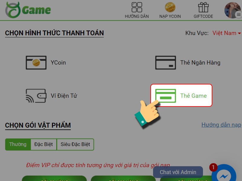 Chọn phương thức thanh to&aacute;n l&agrave; thẻ game