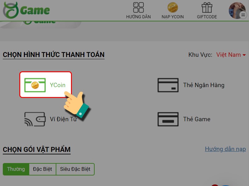 Nạp bằng v&iacute; Ycoin