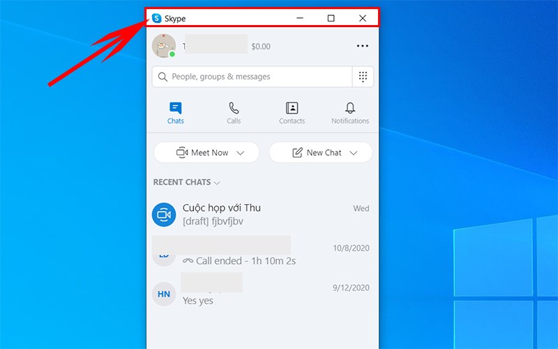 Nhấn giữ chuột tr&aacute;i tại thanh ti&ecirc;u đề Skype để di chuyển