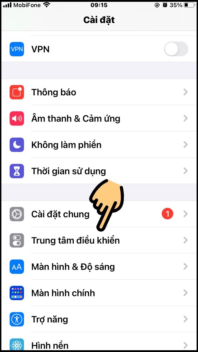 Nhấn vào mục Trung tâm điều khiển