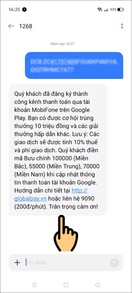 Xem tin nhắn thông báo đăng ký thành công