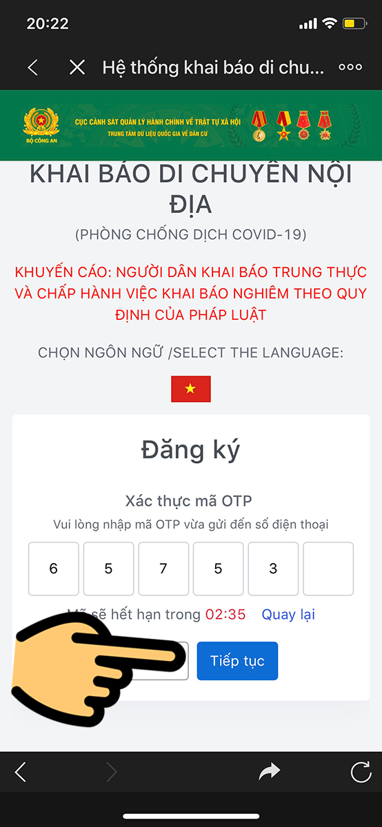 Nhập mã OTP đã được gửi về SĐT