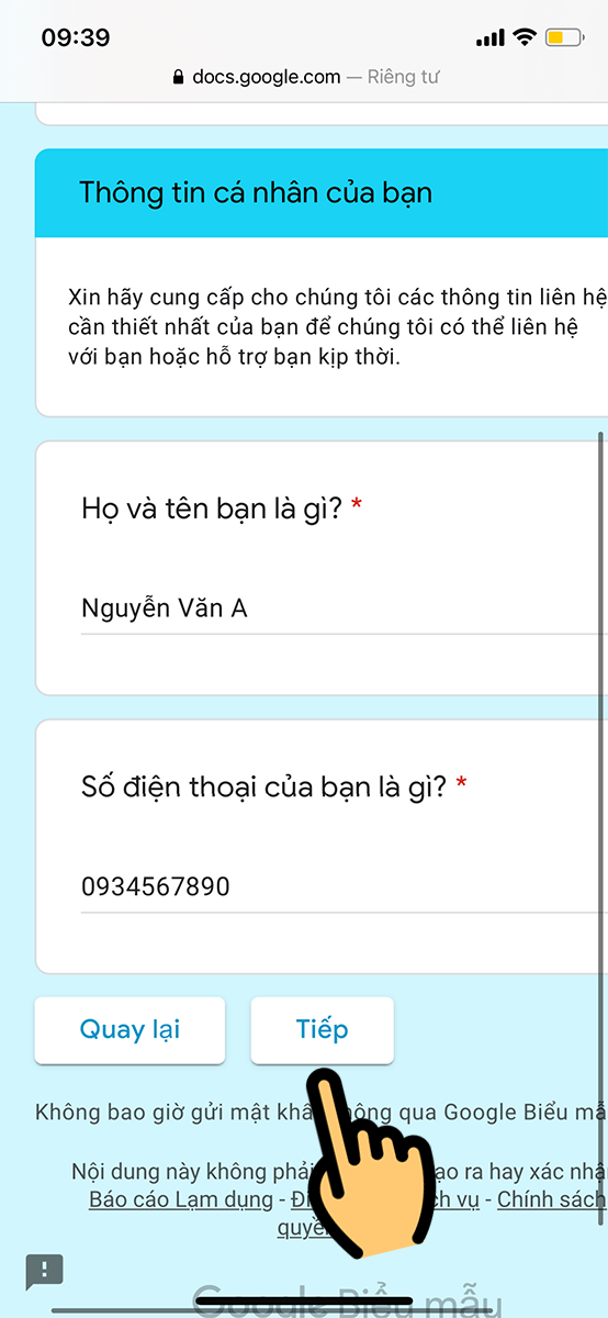 Điền thông tin họ tên, SĐT