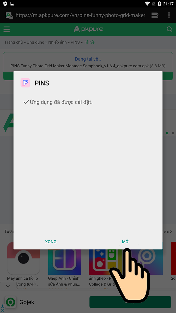 Nhấn Mở để truy cập v&agrave;o ứng dụng