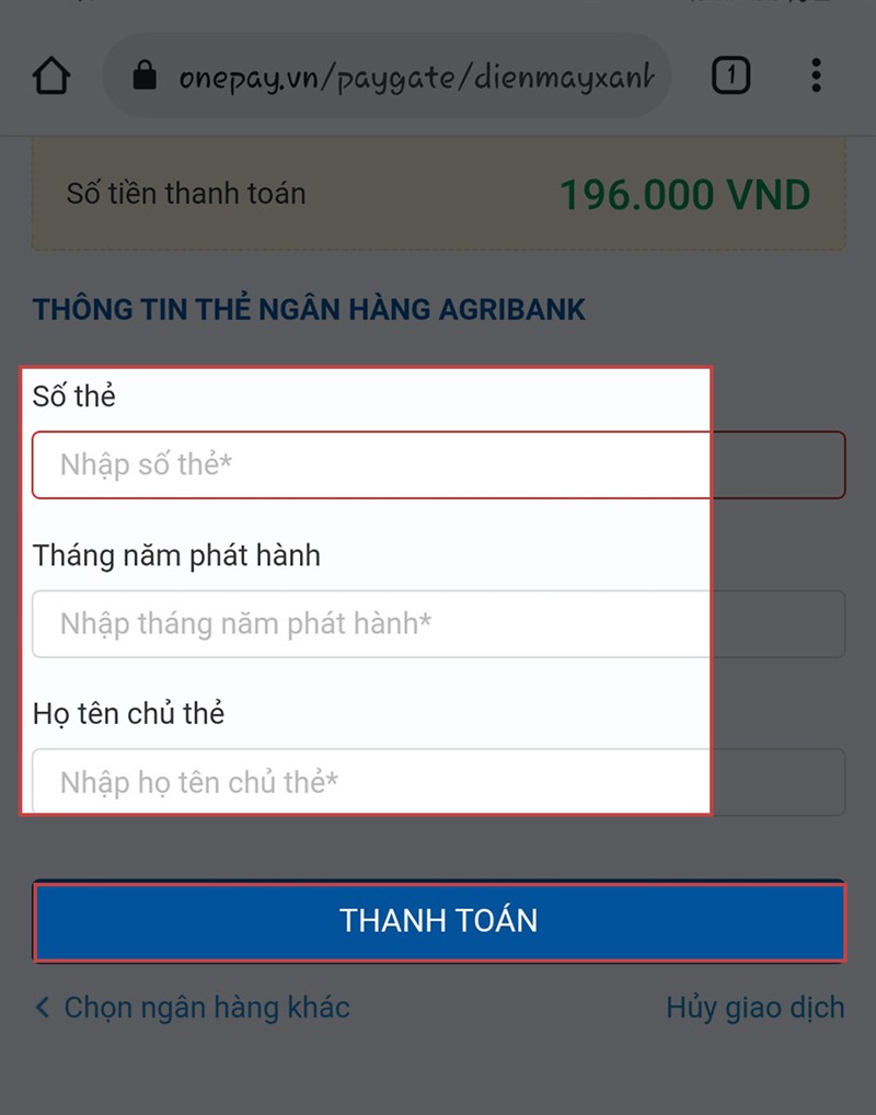 Nhập thông tin thẻ