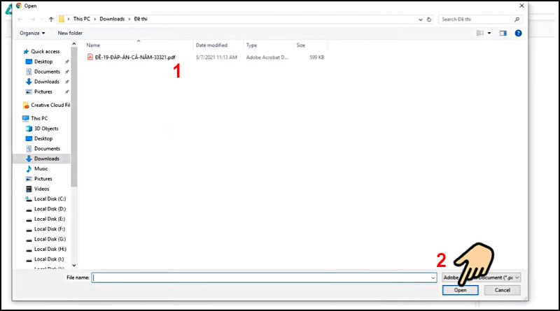 Chọn file đề thi và bấm Open