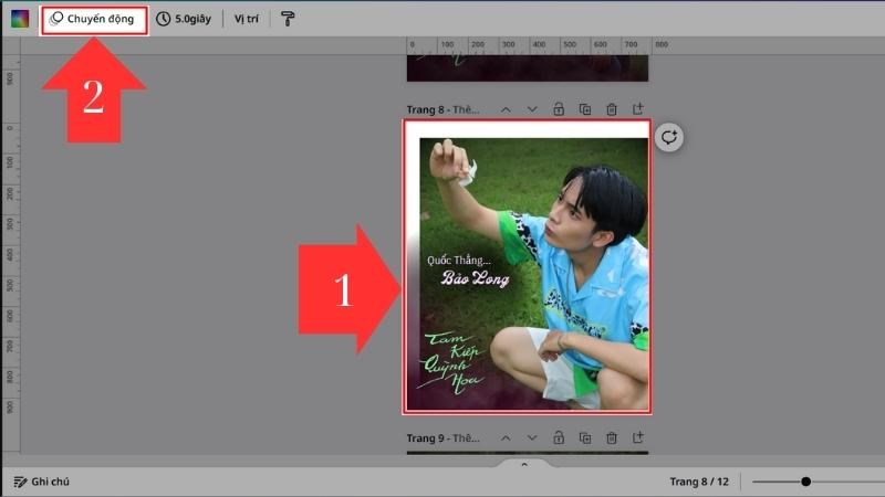 Bước 3: Chọn trang thiết kế của bạn, sau đó ấn Chuyển động