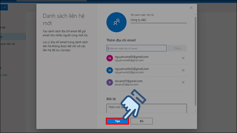 Nhấn n&uacute;t Tạo để lưu