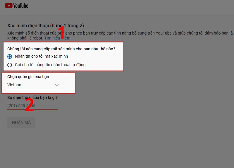 Tick chọn hình thức nhận mã xác nhận, chọn quốc gia của bạn Tick chọn hình thức nhận mã xác nhận, chọn quốc gia của bạn