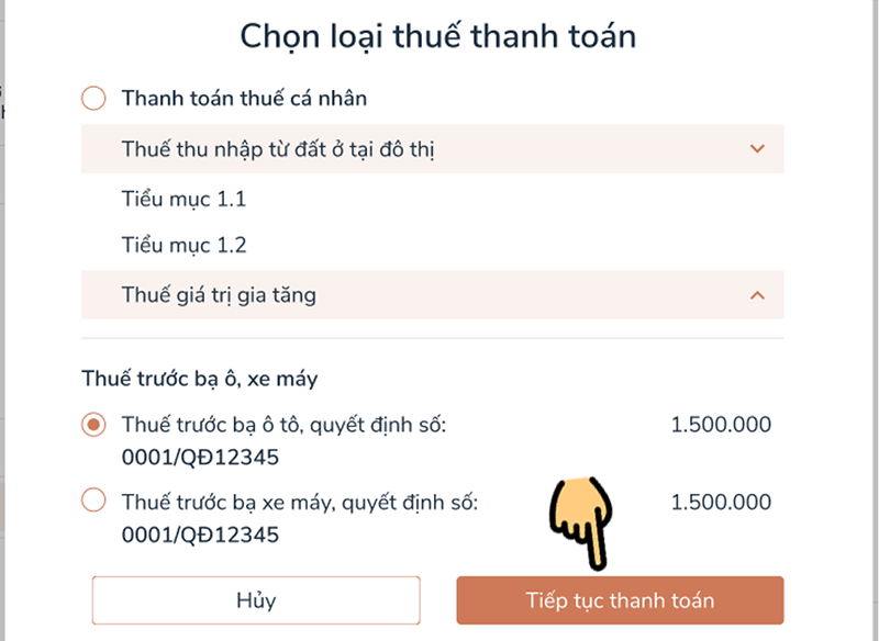  Chọn khoản thanh to&aacute;n thuế 