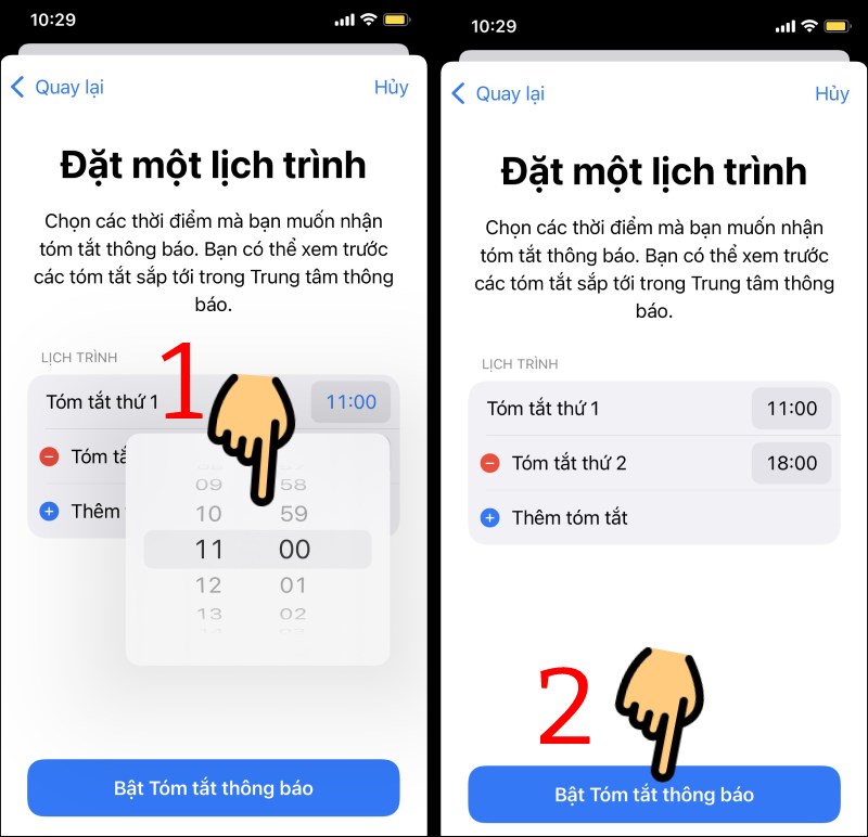 Chọn các thời điểm nhận tóm tắt thông báo, nhấn nút Bật Tóm tắt thông báo Chọn các thời điểm nhận tóm tắt thông báo, nhấn nút Bật Tóm tắt thông báo