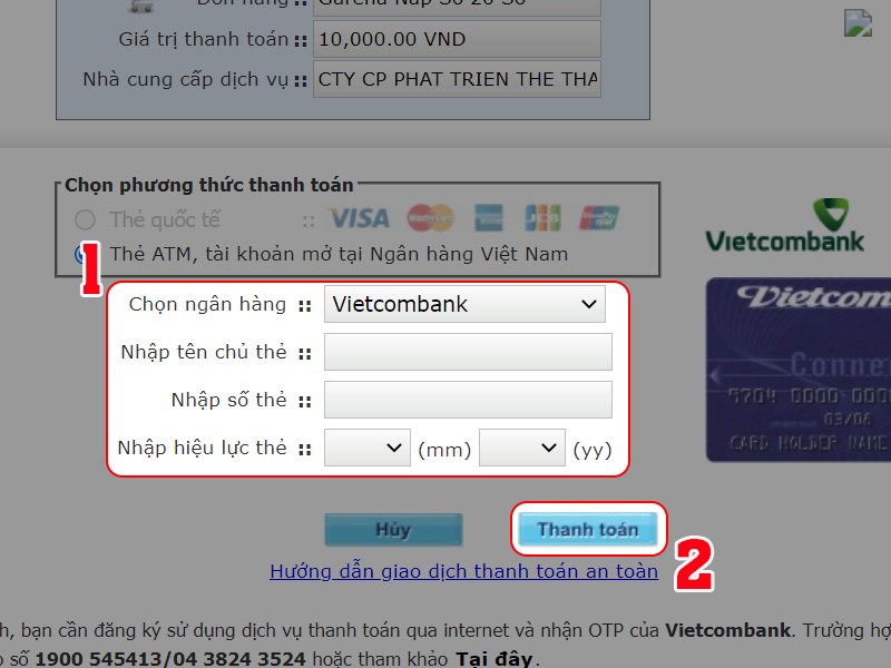 Nhập thông tin thẻ ATM để thanh toán