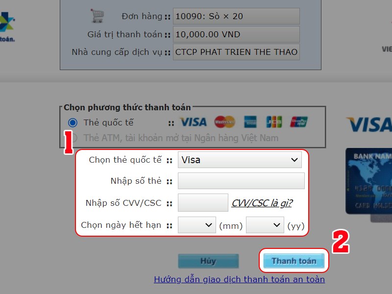 Chọn loại thẻ và nhập thông tin để thanh toán