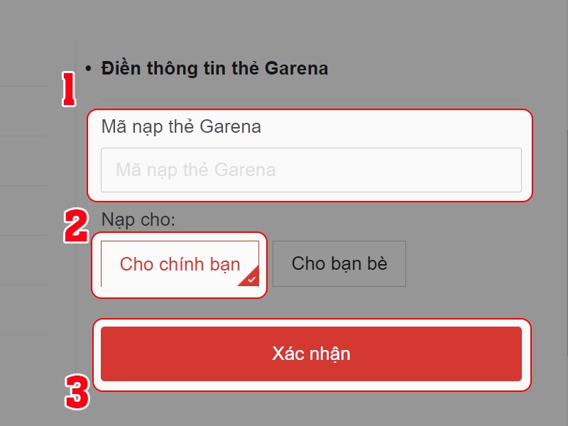 Nhập mã thẻ Garena