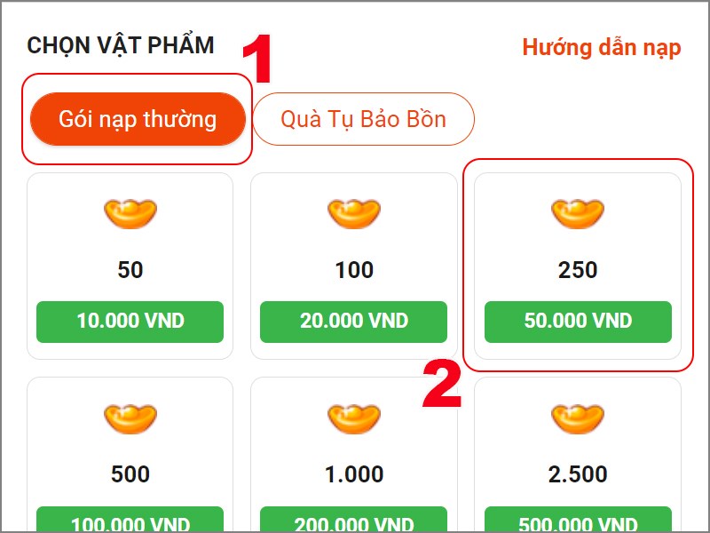Chọn g&oacute;i muốn nạp