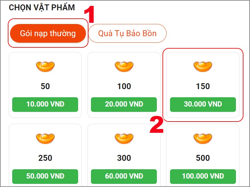 Chọn g&oacute;i muốn nạp