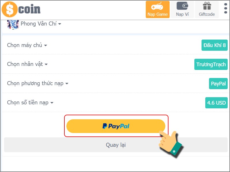 Nhấn vào PayPal