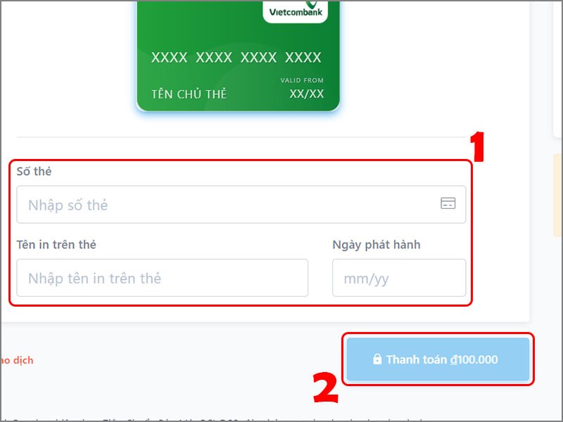 Nhập thông tin thẻ ngân hàng để thanh toán