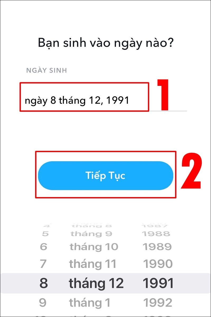 Nhập ng&agrave;y, th&aacute;ng, năm sinh của bạn v&agrave; nhấn Tiếp tục