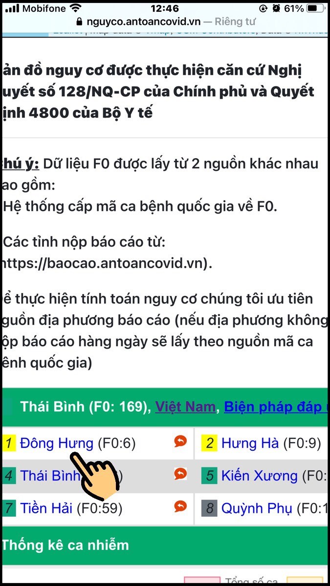 Xem số ca nhiễm Covid của từng huyện và chọn huyện muốn xem chi tiết