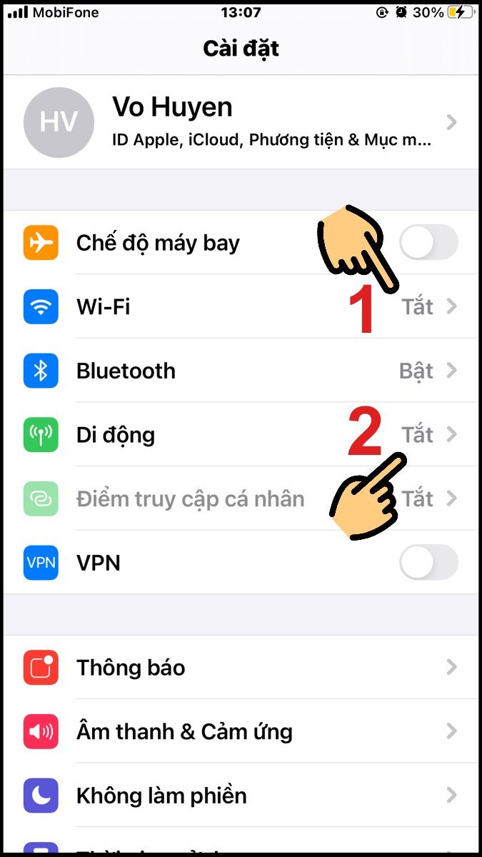 Nhấn tắt tại mục Wifi và Di động