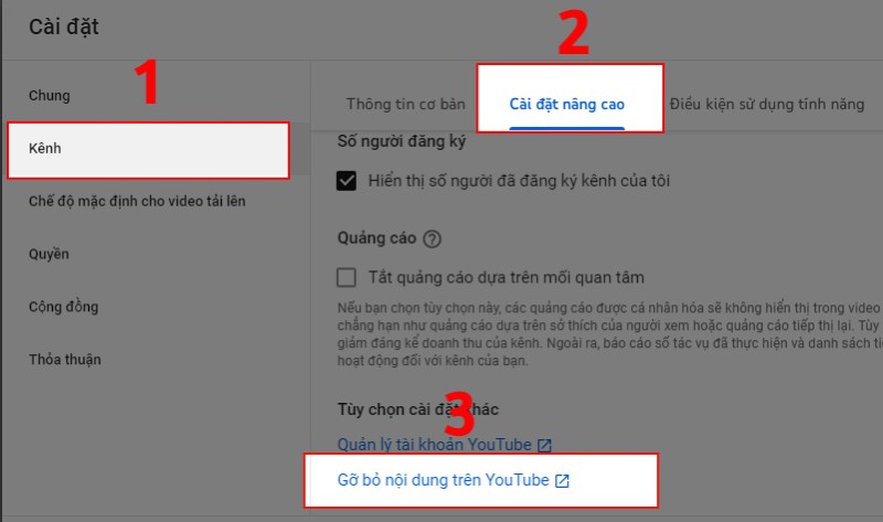 Nhấn K&ecirc;nh, chọn C&agrave;i đặt n&acirc;ng cao v&agrave; click Gỡ bỏ nội dung tr&ecirc;n YouTube
