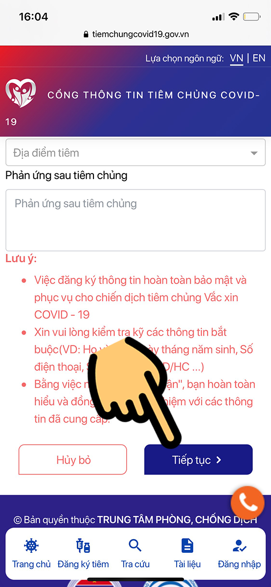 Ph&iacute;a dưới bạn nhấn mục Tiếp tục