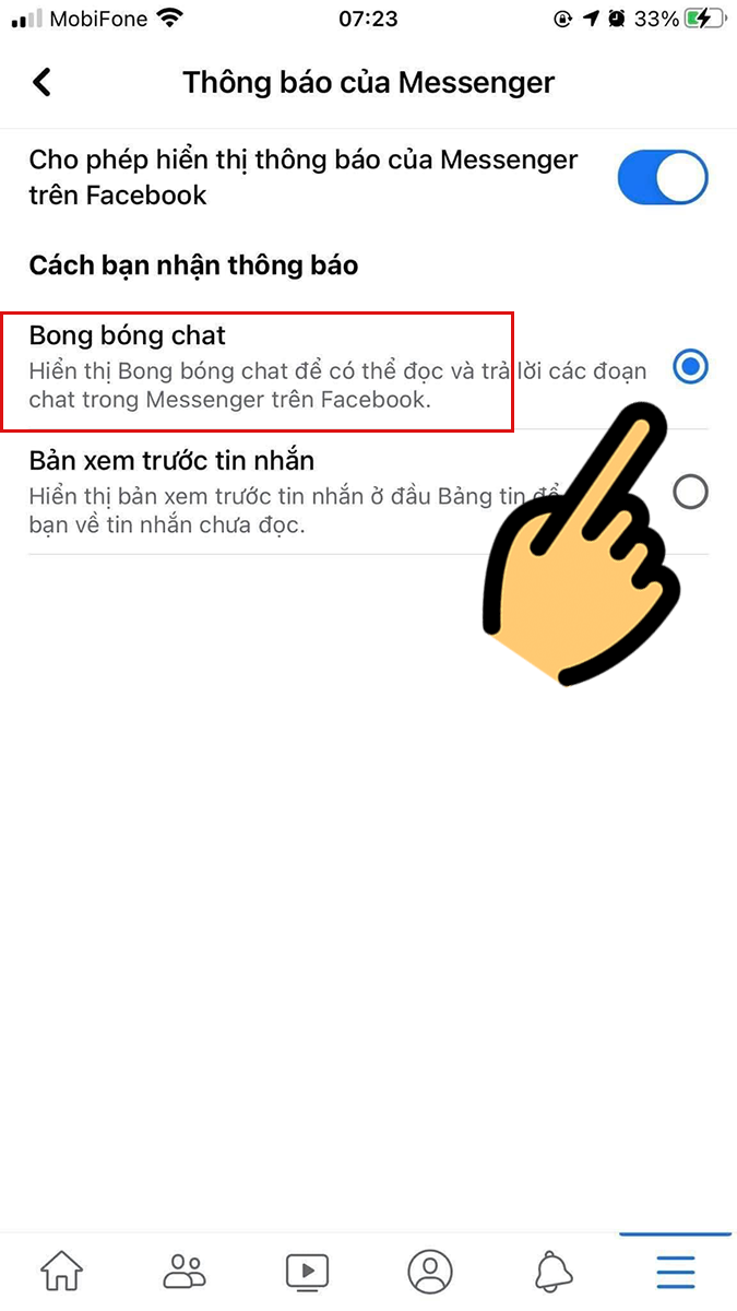 Click vào mục Bong bóng chat