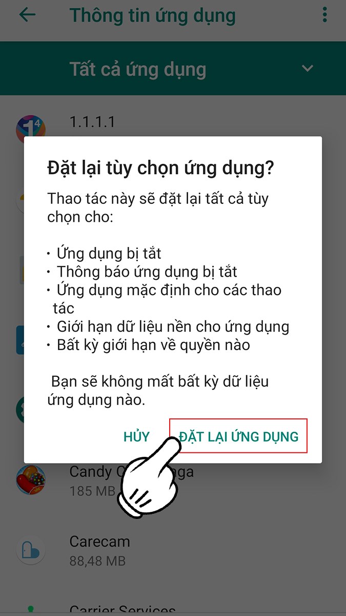 Chọn Đặt lại ứng dụng