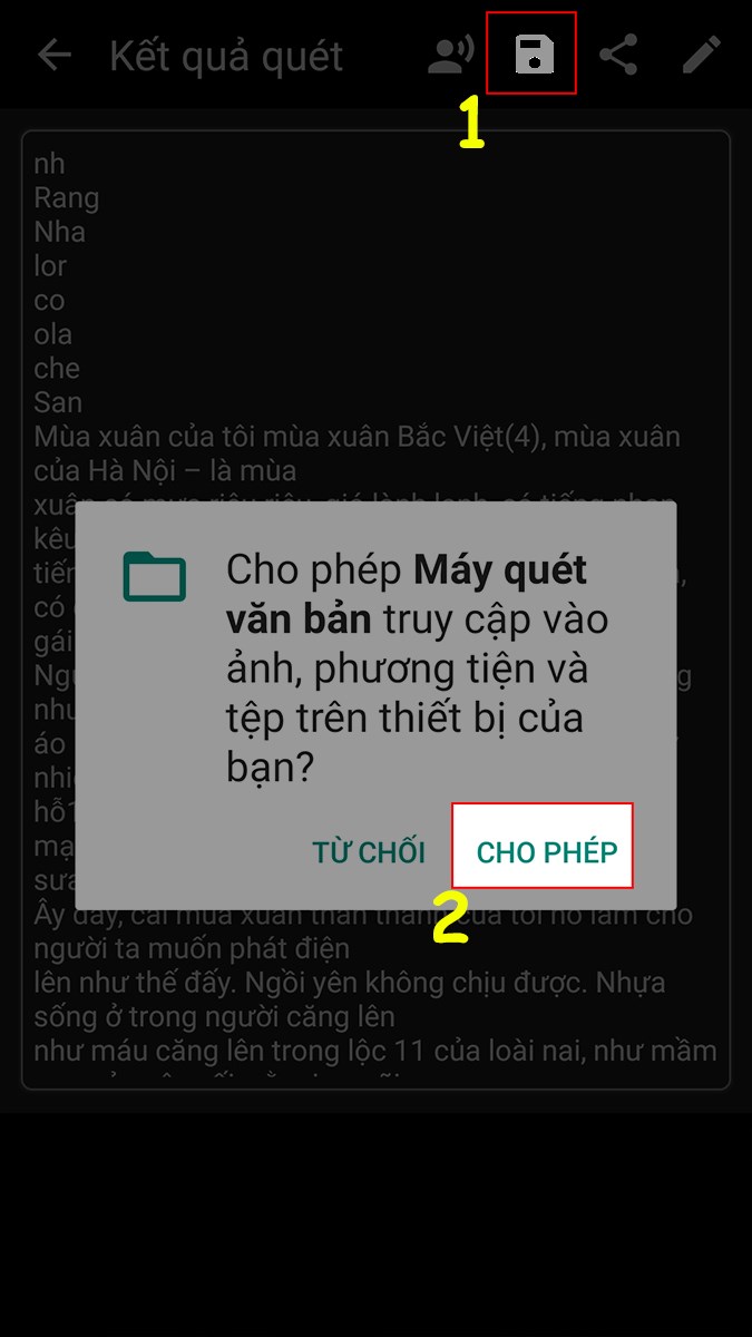 Cho phép ứng dụng truy cập vào Ảnh, phương tiện và tệp để lưu văn bản được chuyển