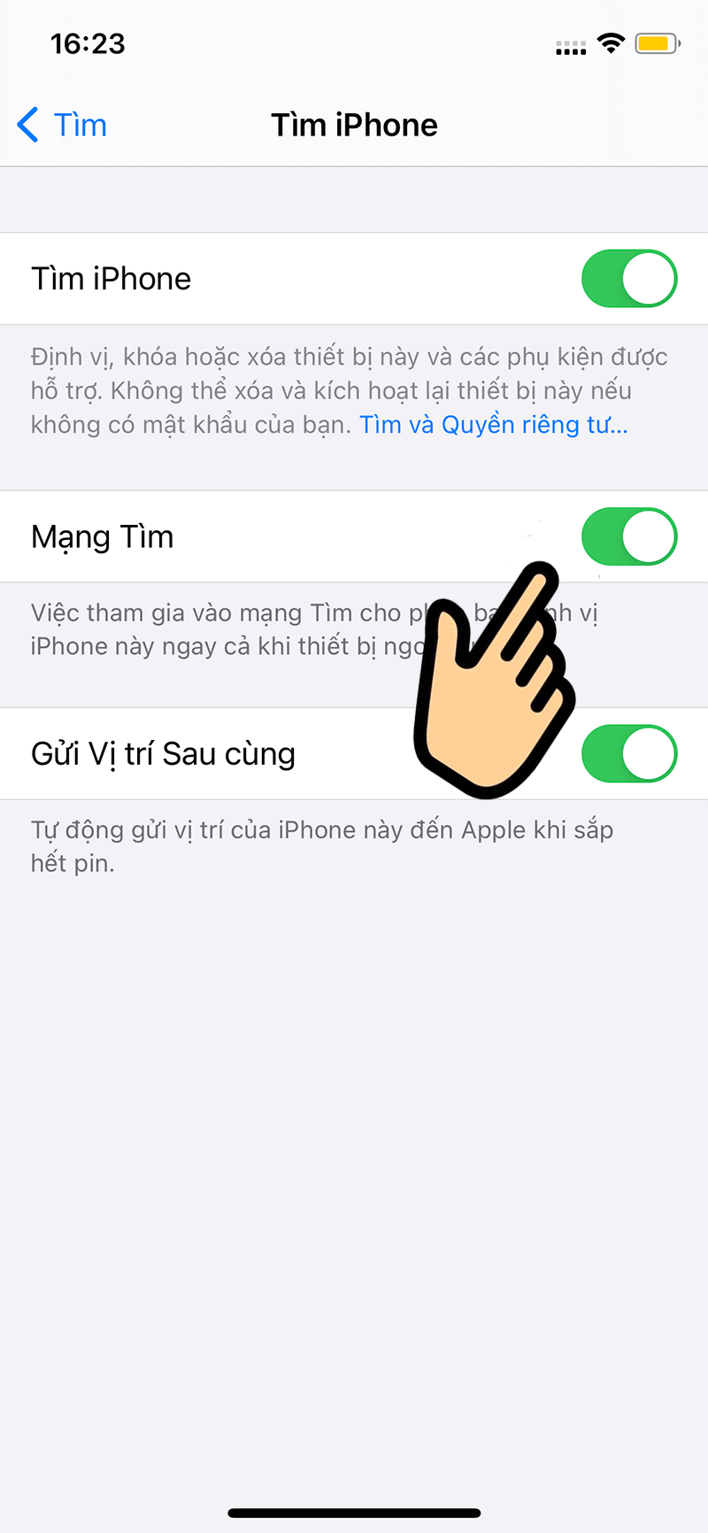 Gạt thanh trượt ở tính năng Mạng Tìm