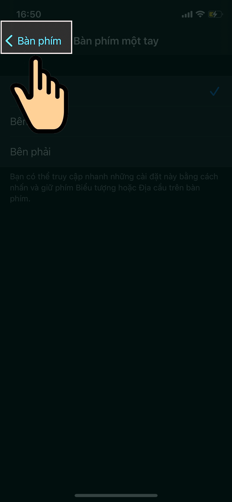 sau khi chọn xong, mình muốn quay lại menu Cài đặt thì chỉ việc nhấn giữ biểu tượng < ở góc trên bên trái màn hình là được.