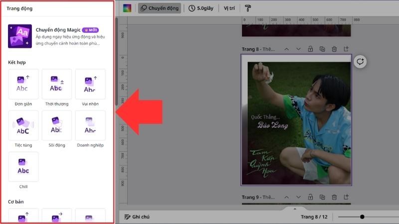 Bước 4: Chọn hiệu ứng chuyển động (Chọn 1 trong các hiệu ứng như hình bên dưới) cho trang thiết kế tùy theo ý thích của bạn