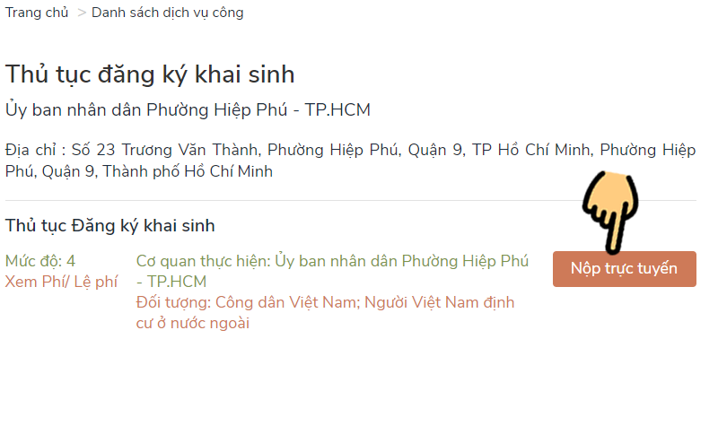 Nhấn mục Nộp trực tuyến