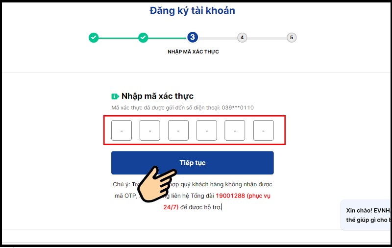 Nhập mã xác thực được gửi về điện thoại của bạn, bấm Tiếp tục